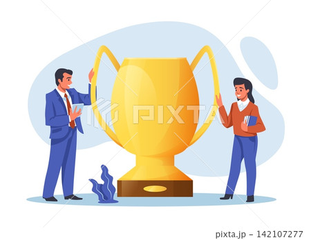 People with trophy. Business partner success and achievement goals concept. Large golden cup, symbol of victory, leadership and competition winner prize vector cartoon isolated illustration People with trophy. Business partner success and achievement goals concept. Large golden cup, symbol of victory, leadership and competition winner prize vector cartoon isolated illustration 142107277