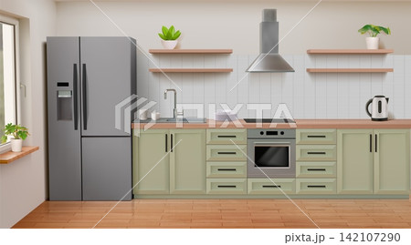 Kitchen interior. Realistic modern room with counter, sink and gas stove smart design. 3d shelf, home refrigerator, cooking space, wooden cabinets. Vector minimal render appliances and storage Kitchen interior. Realistic modern room with counter, sink and gas stove smart design. 3d shelf, home refrigerator, cooking space, wooden cabinets. Vector minimal render appliances and storage 142107290