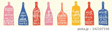 Wine stickers. Drink bottle funny poster, vintage champagne glass with hand drawn sketch. Grunge lover quote, bar decoration, and alcohol packaging design element. Vector lettering collection 142107330
