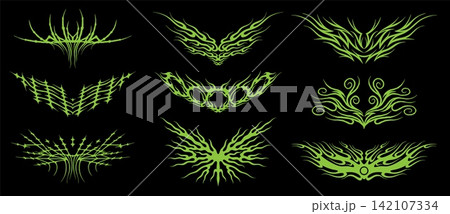 Tribal pattern. Y2K gothic tattoo, Neo cyber pattern or metal grunge death ornament. For dark punk, rave streetwear. Symmetric flame swirl ornaments, tribal wings. Vector isolated set Tribal pattern. Y2K gothic tattoo, Neo cyber pattern or metal grunge death ornament. For dark punk, rave streetwear. Symmetric flame swirl ornaments, tribal wings. Vector isolated set 142107334