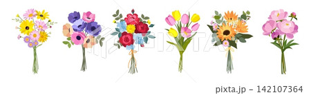 Flower bouquet. Arranged gift bunch, spring sunflower from colored floral field. Hydrangea cut, pretty floristry. Decorative botanical compositions seasonal gift. Vector cartoon illustration Flower bouquet. Arranged gift bunch, spring sunflower from colored floral field. Hydrangea cut, pretty floristry. Decorative botanical compositions seasonal gift. Vector cartoon illustration 142107364
