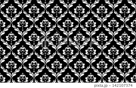 Wallpaper in the style of Baroque. White and black floral ornament. Seamless vector background. Graphic pattern for fabric, wallpaper, packaging. Ornate Damask flower illustration. 142107374