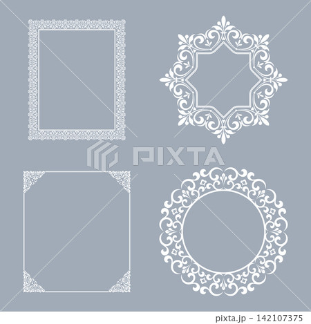 Set of decorative frames Elegant vector element for design in Eastern style, place for text. Floral gray and white frames. Lace illustration for invitations and greeting cards 142107375