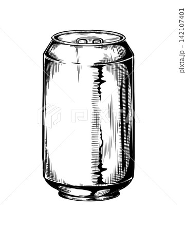 Blank aluminum can sketch. Monochrome hand drawn beverage packaging mockup, cold soda or beer container silhouette for label, branding, and product presentation. Vector isolated ink element Blank aluminum can sketch. Monochrome hand drawn beverage packaging mockup, cold soda or beer container silhouette for label, branding, and product presentation. Vector isolated ink element 142107401