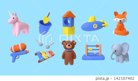 3d toys. Kid objects and animals, baby room elements or child house playroom. Submarine and rocket. Fun and play realistic pastel plastic nursery render isolated element vector toddler set 3d toys. Kid objects and animals, baby room elements or child house playroom. Submarine and rocket. Fun and play realistic pastel plastic nursery render isolated element vector toddler set 142107402