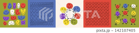 Smile pattern. Happy people face community of fun diverse friends, rainbow color kids. Friendship emotions, crowd composition. Print design, graphic background. Vector square posters set Smile pattern. Happy people face community of fun diverse friends, rainbow color kids. Friendship emotions, crowd composition. Print design, graphic background. Vector square posters set 142107405