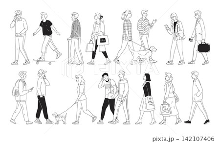 Line people. Outline doodle person, man woman and dog drawing with simple black adult human. Inclusion, diversity boy and girl with phones, bags and skateboard. Minimal vector outline set Line people. Outline doodle person, man woman and dog drawing with simple black adult human. Inclusion, diversity boy and girl with phones, bags and skateboard. Minimal vector outline set 142107406