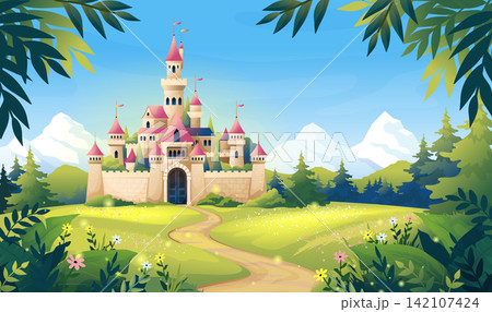 Forest background. Magic medieval prince kingdom, cartoon fairytale scene, fairy tale tree game landscape in old day. Princess fantasy storytelling backdrop. Vector storybook illustration Forest background. Magic medieval prince kingdom, cartoon fairytale scene, fairy tale tree game landscape in old day. Princess fantasy storytelling backdrop. Vector storybook illustration 142107424