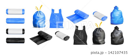Garbage bag. 3d plastic trash dustbin, biodegradable sack icon or roll package. Clear recycling carrier. Household cleaning and packaging supplies for bins. Vector realistic isolated set 142107435