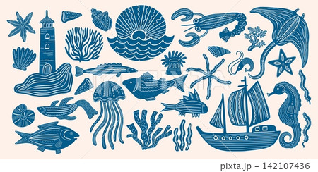 Beach icons. Summer hand drawn doodle, Italy organic starfish or doodle water fish as vintage ink food graphic. Decor collection for seafood or kids nursery, clothes decoration. Vector print Beach icons. Summer hand drawn doodle, Italy organic starfish or doodle water fish as vintage ink food graphic. Decor collection for seafood or kids nursery, clothes decoration. Vector print 142107436