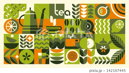 Tea poster. Food cup pattern, plant leaf package design or geometry drink mosaic. Green eco decorative garden. Teapot, cups, citrus and leaves, decorative background design. Vector illustration 142107445
