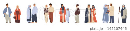 Arab family. Muslim woman character in hijab, Islam man person or Saudi couple with kid. Traditional white headscarf outfit. Happy people outdoors standing. Vector cartoon isolated set Arab family. Muslim woman character in hijab, Islam man person or Saudi couple with kid. Traditional white headscarf outfit. Happy people outdoors standing. Vector cartoon isolated set 142107446