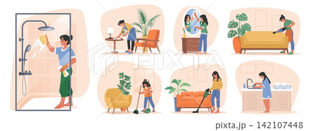 Clean home. Man person in house, woman people in living room. Funny cartoon cleaner in apartment, housework, vacuuming and mopping. Domestic maintenance, hygiene routine vector illustration Clean home. Man person in house, woman people in living room. Funny cartoon cleaner in apartment, housework, vacuuming and mopping. Domestic maintenance, hygiene routine vector illustration 142107448