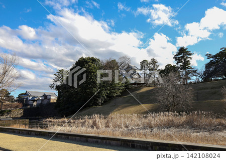 Kanazawa Castle Turret Viewed from Moat with Dry Reeds and Blue Sky Kanazawa Castle Turret Viewed from Moat with Dry Reeds and Blue Sky 142108024