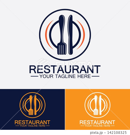 Restaurant logo with spoon and fork icon,menu design food drink concept for cafe restaurant Restaurant logo with spoon and fork icon,menu design food drink concept for cafe restaurant 142108325