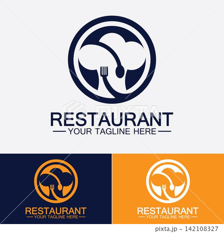 Restaurant logo with spoon and fork icon,menu design food drink concept for cafe restaurant 142108327