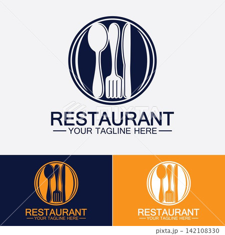 Restaurant logo with spoon and fork icon,menu design food drink concept for cafe restaurant Restaurant logo with spoon and fork icon,menu design food drink concept for cafe restaurant 142108330