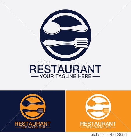 Restaurant logo with spoon and fork icon,menu design food drink concept for cafe restaurant Restaurant logo with spoon and fork icon,menu design food drink concept for cafe restaurant 142108331