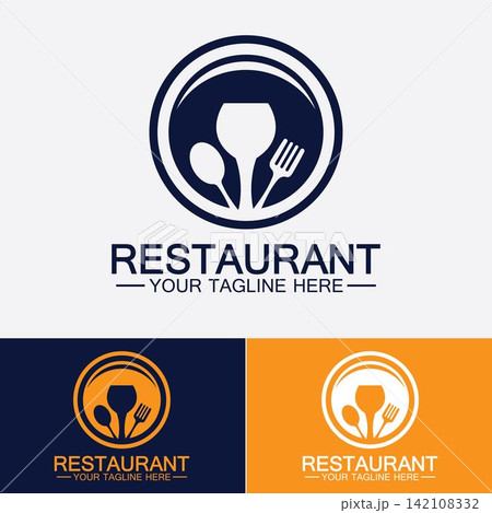 Restaurant logo with spoon and fork icon,menu design food drink concept for cafe restaurant Restaurant logo with spoon and fork icon,menu design food drink concept for cafe restaurant 142108332
