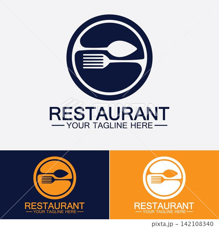 Restaurant logo with spoon and fork icon,menu design food drink concept for cafe restaurant 142108340