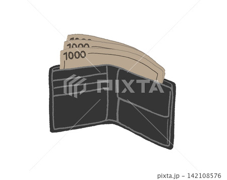 お金の入った黒い二つ折り財布 お金の入った黒い二つ折り財布 142108576