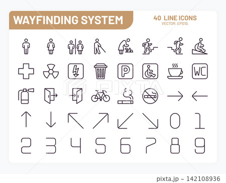 Way finding icons. Wayfinding signage, office arrow sign system or parking navigation minimal outline pictograms. Shopping direction, safety and services, restroom direction vector isolated set Way finding icons. Wayfinding signage, office arrow sign system or parking navigation minimal outline pictograms. Shopping direction, safety and services, restroom direction vector isolated set 142108936