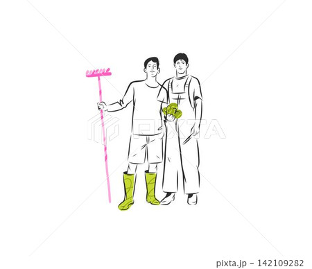 Two Gardeners Working Together in the Garden with Rake and Seedlings, Gardening and Planting, Landscaping, Garden Maintenance, Horticulture, Outdoor Work, Sustainable Gardening Illustration Two Gardeners Working Together in the Garden with Rake and Seedlings, Gardening and Planting, Landscaping, Garden Maintenance, Horticulture, Outdoor Work, Sustainable Gardening Illustration 142109282