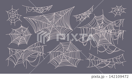 Flat set of hand drawn spider webs and cobwebs in various intricate shapes. Creepy Halloween and gothic linear elements perfect for spooky decorations, horror designs, haunted house themes, borders. Flat set of hand drawn spider webs and cobwebs in various intricate shapes. Creepy Halloween and gothic linear elements perfect for spooky decorations, horror designs, haunted house themes, borders. 142109472