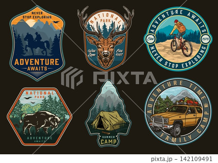 Adventure time and camping vintage labels Adventure time and camping vintage labels 142109491