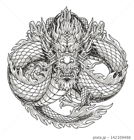 Aggressive Asian dragon monochrome logotype 142109498