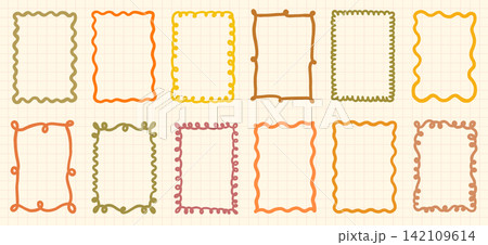 Cute wavy autumn vector frames in neutral earthy colors with organic painted lines, Doodle squiggly rectangle borders for fall and Thanksgiving design and packaging Cute wavy autumn vector frames in neutral earthy colors with organic painted lines, Doodle squiggly rectangle borders for fall and Thanksgiving design and packaging 142109614