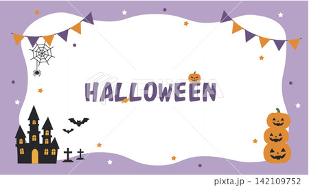 ハロウィンのバナーイラスト　背景 イラスト シンプル 魔女・おばけ・ジャックオランタン・城 142109752
