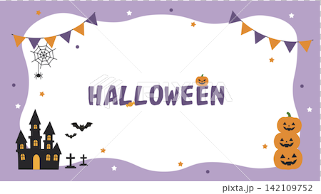 ハロウィンのバナーイラスト　背景 イラスト シンプル 魔女・おばけ・ジャックオランタン・城 142109752