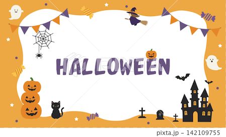 Halloween banner illustration - simple background illustration featuring witches, ghosts, jack-o'-lanterns, and a castle. Halloween banner illustration - simple background illustration featuring witches, ghosts, jack-o'-lanterns, and a castle. 142109755
