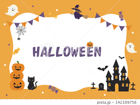Halloween banner illustration - simple background illustration featuring witches, ghosts, jack-o'-lanterns, and a castle. Halloween banner illustration - simple background illustration featuring witches, ghosts, jack-o'-lanterns, and a castle. 142109756