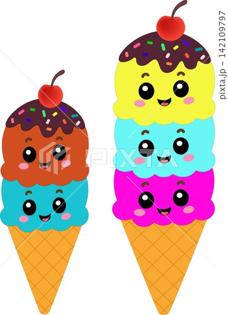 Two cute cartoon ice cream cones stacked with colorful scoops and happy smiling faces layout template for sweet summer dessert graphic design 142109797