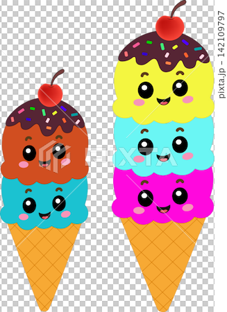 Two cute cartoon ice cream cones stacked with colorful scoops and happy smiling faces layout template for sweet summer dessert graphic design Two cute cartoon ice cream cones stacked with colorful scoops and happy smiling faces layout template for sweet summer dessert graphic design 142109797