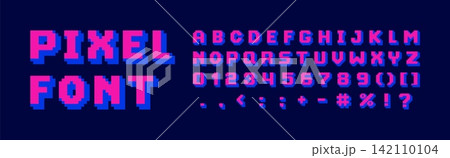 English alphabet pixel art, 8 bit letters, number and punctuation marks, vector font typographic pink and purple symbols English alphabet pixel art, 8 bit letters, number and punctuation marks, vector font typographic pink and purple symbols 142110104