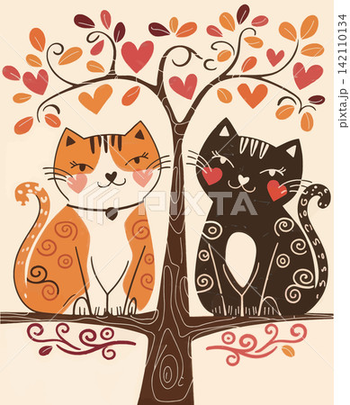 The image shows a stylized illustration of two cats sitting on a tree branch 142110134