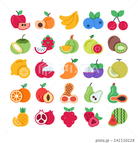 Fruit - Flat - Set - UploadFruit icon set featuring fresh tropical and seasonal fruits in colorful flat style Ideal for grocery, healthy food, nutrition, organic farming, menu, packaging, and Fruit - Flat - Set - UploadFruit icon set featuring fresh tropical and seasonal fruits in colorful flat style Ideal for grocery, healthy food, nutrition, organic farming, menu, packaging, and 142110228