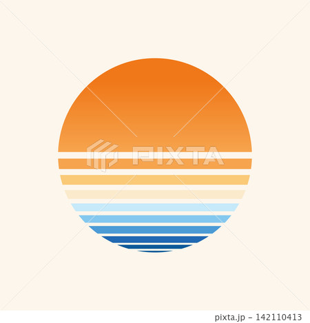 Retro summer sunset beach icon. Abstract geometric sun over the sea illustration Retro summer sunset beach icon. Abstract geometric sun over the sea illustration 142110413