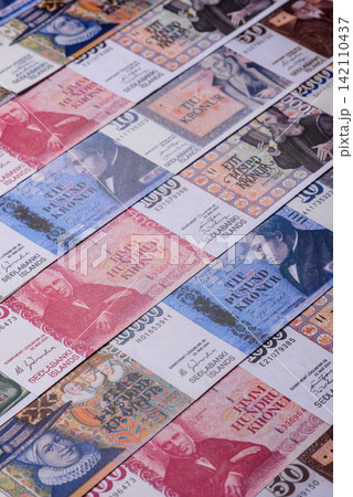 Iceland, Icelandic paper banknotes krona for settlements and financial transactions. Icelandic krona Iceland, Icelandic paper banknotes krona for settlements and financial transactions. Icelandic krona 142110437