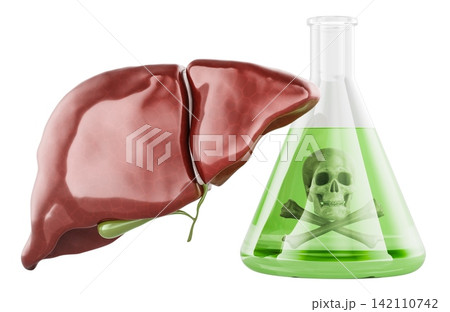 Liver with a flask with toxic green liquid and skull symbol. Hepatotoxicity, chemical poisoning, toxin exposure and liver damage, concept. 3D rendering Liver with a flask with toxic green liquid and skull symbol. Hepatotoxicity, chemical poisoning, toxin exposure and liver damage, concept. 3D rendering 142110742