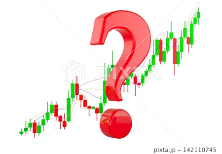 Question mark on rising candlestick chart for market uncertainty concept. 3D rendering Question mark on rising candlestick chart for market uncertainty concept. 3D rendering 142110745
