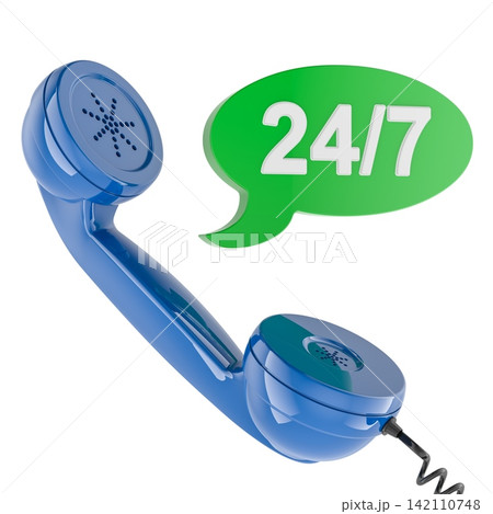 Telephone handset with 24-7 support speech bubble concept. 3D rendering Telephone handset with 24-7 support speech bubble concept. 3D rendering 142110748