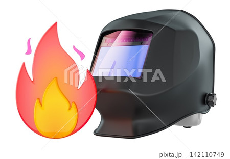 Welding helmet with flame icon. Welding safety, hot work protection, industrial fire hazard prevention, concept. 3D rendering Welding helmet with flame icon. Welding safety, hot work protection, industrial fire hazard prevention, concept. 3D rendering 142110749