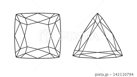 Trillion, Cushion diamond cut shapes. Diamond pad shape. Cushion, Trillion brilliant triangular cuts. Set of Gemstone outline triangle, square icons for jewellery design, branding, packaging, logos. 142110794