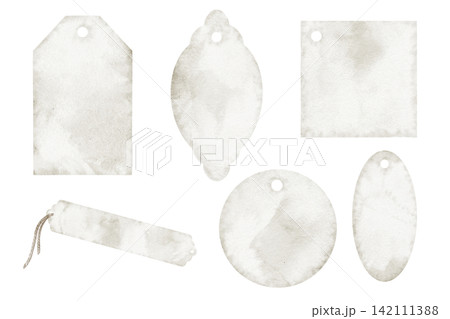 Gift tag watercolor set. Collection of blank vintage paper tags isolated on background. Decorative templates for packaging, stationery and branding projects. Art in pastel colors. 142111388