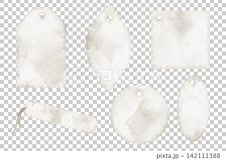 Gift tag watercolor set. Collection of blank vintage paper tags isolated on background. Decorative templates for packaging, stationery and branding projects. Art in pastel colors. 142111388