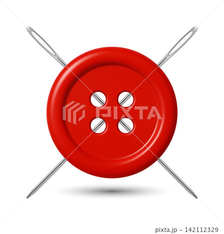 Vector 3d Red Sewing Button With Needles Icon, Isolated. Tailoring Craft Symbol. Clothing Fastener, Needlework Accessories, Dressmaker Atelier Illustration. Sewing Supplies 142112329